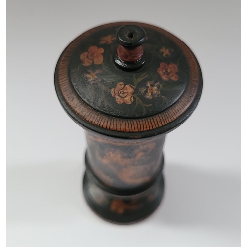 52 - A TURNED LAQUERED WOODEN TRINKET COLUMN BOX, with lift away lid, decorated all over with floral deta... 