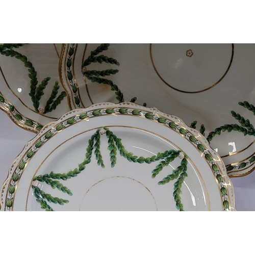 55 - ANTIQUE ROYAL WORCESTER LEAF & SWAG; A SET OF 6 PLATES & 2 SERVING BOWLS, retailed by Mortlocks of O... 