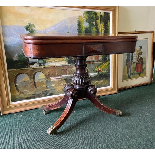 56 - A REGENCY MAHOGANY FOLD-OVER TEA TABLE, with raised carving and beading to the frieze above turned a... 