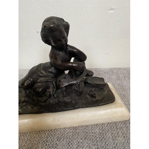 57 - AN ANTIQUE FRENCH BRONZE SCULPTURE OF A FIGURE SEATED ON MARBLE BASE, 27 x 10 x 19cm (W x D x H).