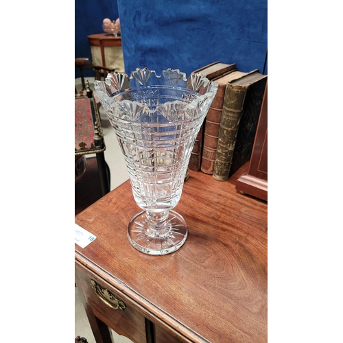 58 - A VINTAGE WATERFORD CUT GLASS VASE, with shell shaped scalloped rim & tapered body, Waterford mark t... 