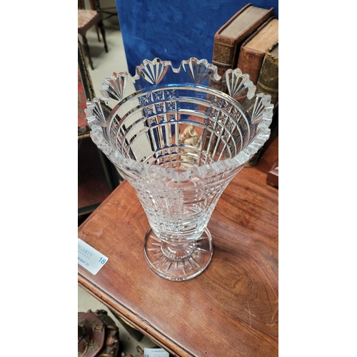 58 - A VINTAGE WATERFORD CUT GLASS VASE, with shell shaped scalloped rim & tapered body, Waterford mark t... 