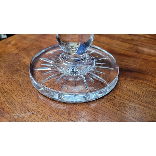 58 - A VINTAGE WATERFORD CUT GLASS VASE, with shell shaped scalloped rim & tapered body, Waterford mark t... 