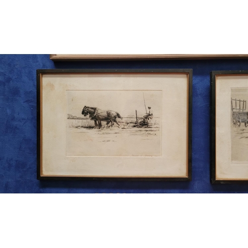 66 - GERALD E. HARRISON (BRITISH 1894 – 1972) A PAIR OF DRYPOINT ETCHINGS OF FARMING SCENES, (i) TWO HORS... 