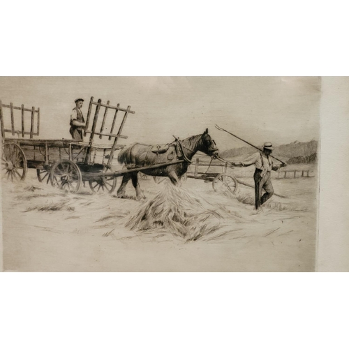 66 - GERALD E. HARRISON (BRITISH 1894 – 1972) A PAIR OF DRYPOINT ETCHINGS OF FARMING SCENES, (i) TWO HORS... 