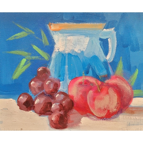 76 - MARTIN STONE, (IRISH 20TH CENTURY), STILL LIFE WITH FRUIT & JUG, signed verso & dated 2013, oil on c... 