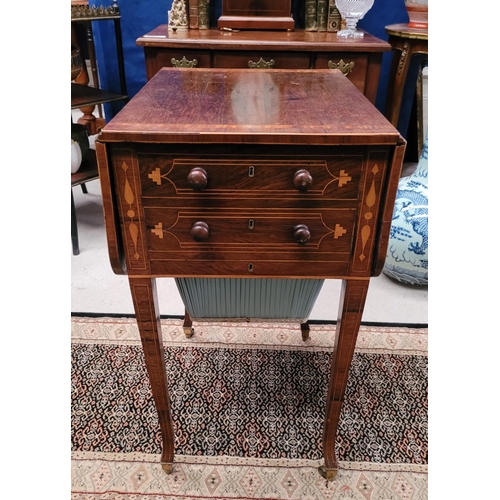 77 - A VERY GOOD QUALITY LATE 19TH CENTURY ROSEWOOD & SATINWOOD DROP LEAF WORKTABLE, with beautiful inlai... 