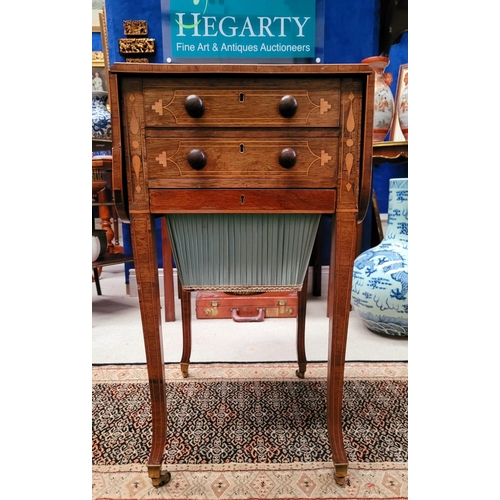 77 - A VERY GOOD QUALITY LATE 19TH CENTURY ROSEWOOD & SATINWOOD DROP LEAF WORKTABLE, with beautiful inlai... 