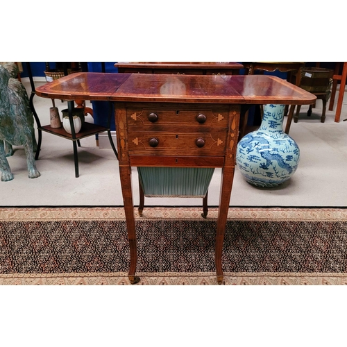 77 - A VERY GOOD QUALITY LATE 19TH CENTURY ROSEWOOD & SATINWOOD DROP LEAF WORKTABLE, with beautiful inlai... 