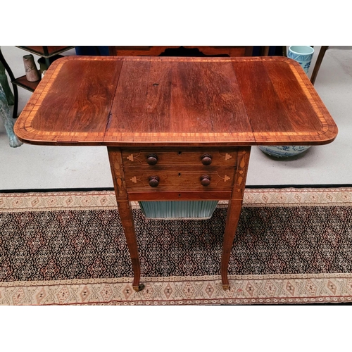 77 - A VERY GOOD QUALITY LATE 19TH CENTURY ROSEWOOD & SATINWOOD DROP LEAF WORKTABLE, with beautiful inlai... 