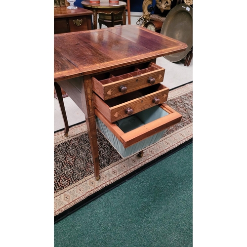 77 - A VERY GOOD QUALITY LATE 19TH CENTURY ROSEWOOD & SATINWOOD DROP LEAF WORKTABLE, with beautiful inlai... 