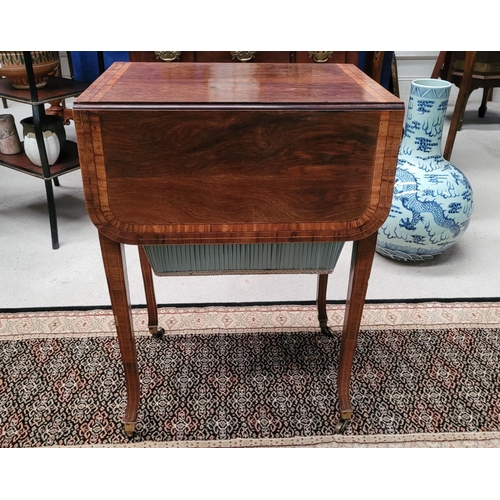 77 - A VERY GOOD QUALITY LATE 19TH CENTURY ROSEWOOD & SATINWOOD DROP LEAF WORKTABLE, with beautiful inlai... 