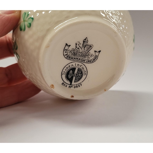 87 - A BELLEEK ‘SHAMROCK’ DESIGN CREAM JUG & BOWL, in excellent condition, with black mark to the base; s... 