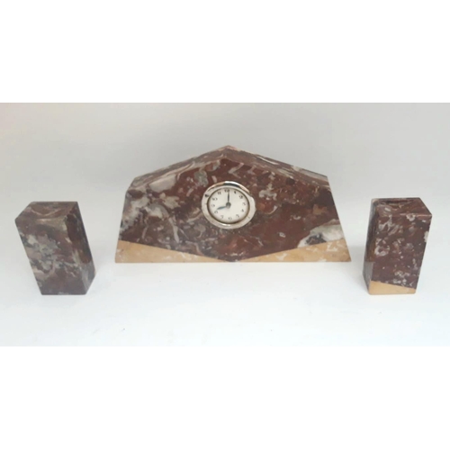 89 - A COLLECTION OF THREE ART DECO CLOCKS; Comprising of a 3 piece marble garniture set, clock dimension... 