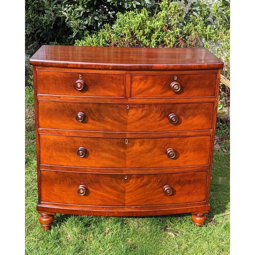 9 - A VERY GOOD QUALITY WILLIAM IV BOW FRONTED CHEST OF DRAWERS, crafted in beautifully patinated flame ... 