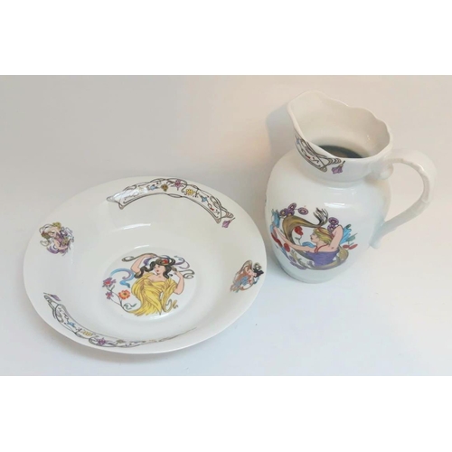 92 - AN ART NOUVEAU DESIGN JUG & BOWL SET, each decorated with floral boughs & female figures. Dimensions... 