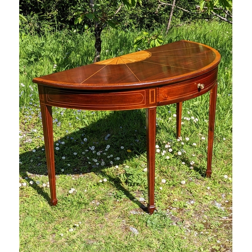 1 - AN EXCEPTIONALLY FINE GEORGIAN MAHOGANY SATINWOOD INLAID DEMI-LUNE SHAPED SIDE TABLE, with a single ... 