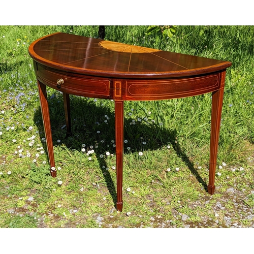 1 - AN EXCEPTIONALLY FINE GEORGIAN MAHOGANY SATINWOOD INLAID DEMI-LUNE SHAPED SIDE TABLE, with a single ... 