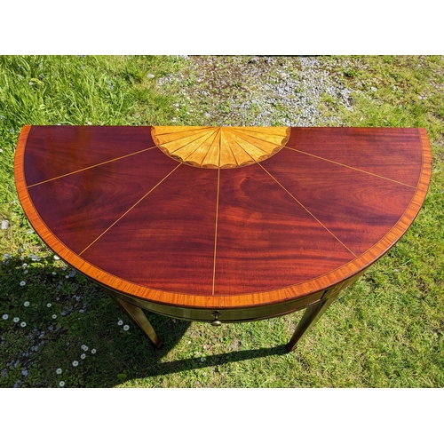 1 - AN EXCEPTIONALLY FINE GEORGIAN MAHOGANY SATINWOOD INLAID DEMI-LUNE SHAPED SIDE TABLE, with a single ... 