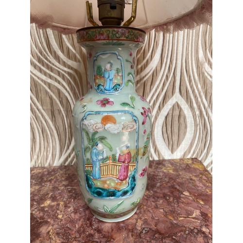 104 - A BEAUTIFUL CHINESE PORCELAINE FAMILLE VERTE TABLE LAMP, decorated with picture panels showing figur... 