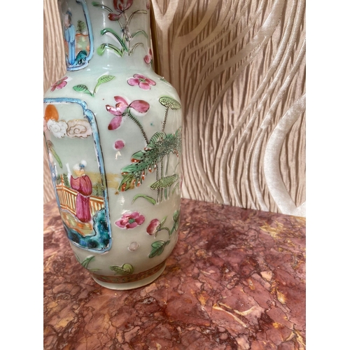 104 - A BEAUTIFUL CHINESE PORCELAINE FAMILLE VERTE TABLE LAMP, decorated with picture panels showing figur... 