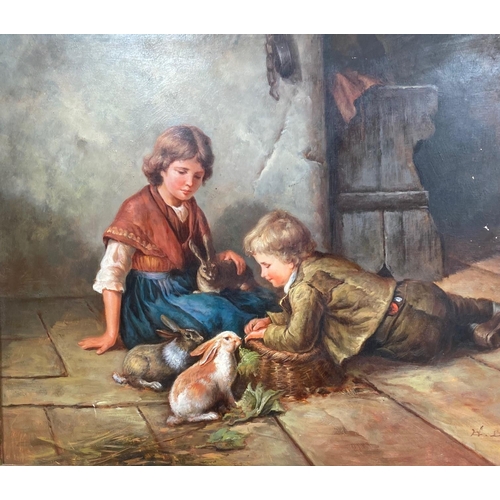 105 - AFTER FELIX SCHLESINGER, CHILDREN & RABBITS, an oil on panel, reproduced painting of an original by ... 