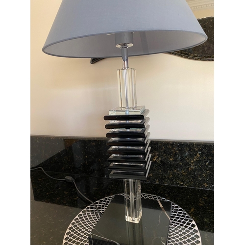 107 - A GOOD QUALITY PAIR OF MODERN GLASS & MARBLE TABLE LAMPS, each 74cm tall with shades.