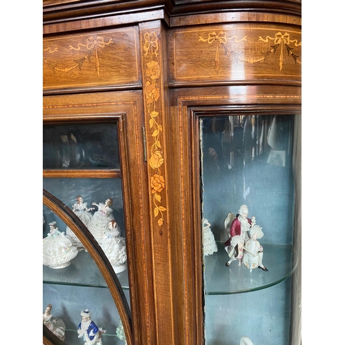 112 - AN EXCEPTIONAL EDWARDIAN MAHOGANY & SATINWOOD INLAID BREAKFRONT GLAZED DISPLAY CABINET, with beautif... 