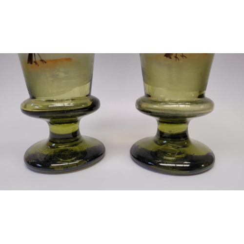 113 - A MIXED GLASS LOT: includes; A PAIR OF VINTAGE HAND-ENAMELLED GREEN GLASSES, decorated with a sweet ... 