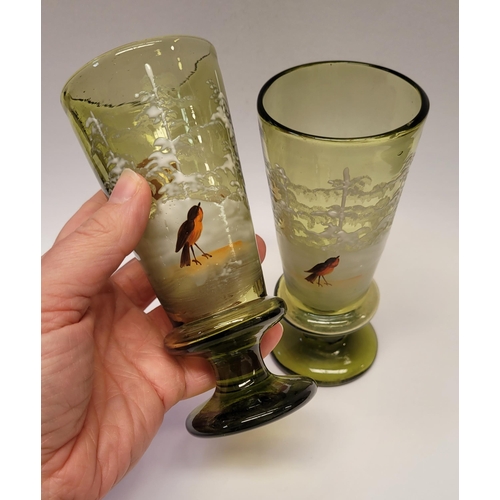 113 - A MIXED GLASS LOT: includes; A PAIR OF VINTAGE HAND-ENAMELLED GREEN GLASSES, decorated with a sweet ... 