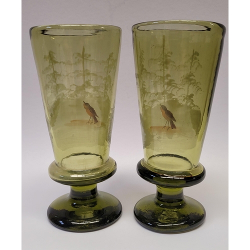 113 - A MIXED GLASS LOT: includes; A PAIR OF VINTAGE HAND-ENAMELLED GREEN GLASSES, decorated with a sweet ... 