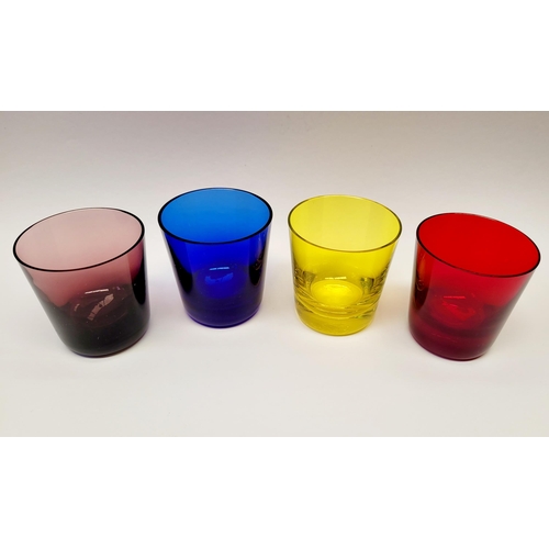 114 - A SET OF FOUR COLOURED MURANO SHOT GLASSES, small size in purple, blue, yellow & red. Maker’s mark t... 