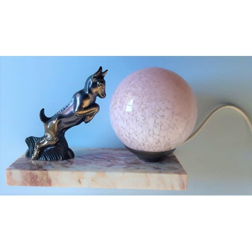 128 - A BEAUTIFUL ART DECO MARBLE BASE TABLE LAMP, depicting a prancing animal with a blush pink ball shap... 