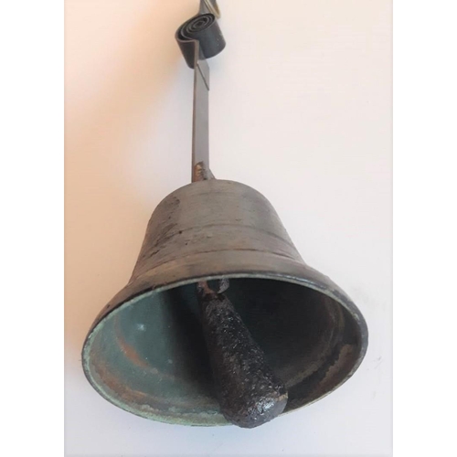 131 - A CHARMING VICTORIAN BUTLERS BELL, with scroll top, the bell: 34cm tall.