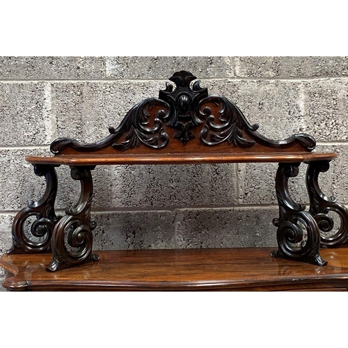 139 - A 19TH CENTURY MAHOGANY JACOBEAN STYLE CHIFFONIER, shelf supported by ornate carved scrolls, over tw... 