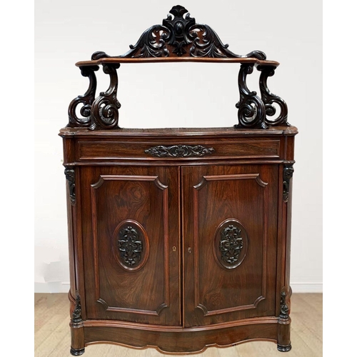 139 - A 19TH CENTURY MAHOGANY JACOBEAN STYLE CHIFFONIER, shelf supported by ornate carved scrolls, over tw... 