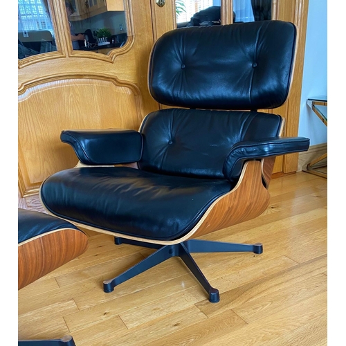 14 - A VERY GOOD QUALITY EAMES STYLE CONTEMPORARY LEATHER LOUNGE CHAIR WITH MATCHING FOOT STOOL, lovely c... 