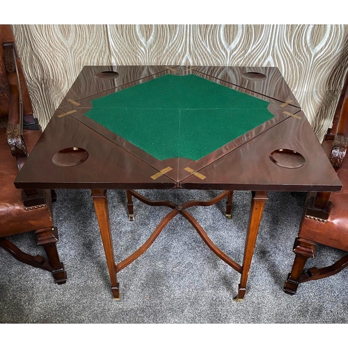 142 - AN EDWARDIAN MAHOGANY INLAID FOLD OUT ENVELOPE CARD TABLE / GAMES TABLE, the top which twists and fo... 