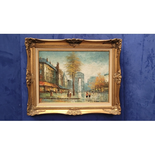 144 - A FRAMED PAINTING: EUROPEAN STREET SCENE, oil on canvas, signed indistinctly lower right. Frame: 78.... 