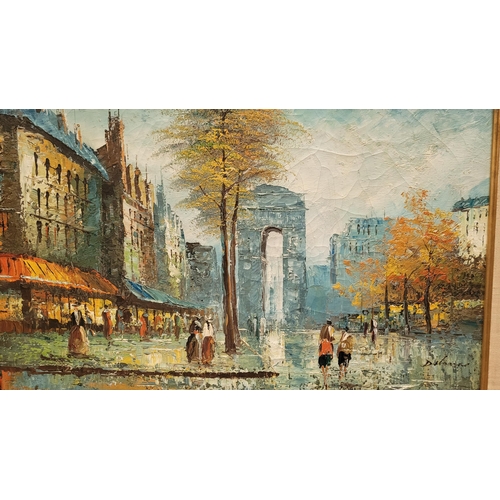 144 - A FRAMED PAINTING: EUROPEAN STREET SCENE, oil on canvas, signed indistinctly lower right. Frame: 78.... 