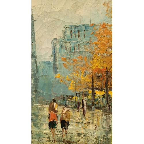 144 - A FRAMED PAINTING: EUROPEAN STREET SCENE, oil on canvas, signed indistinctly lower right. Frame: 78.... 