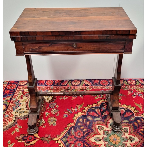 146 - A VERY FINE 19TH CENTURY ROSEWOOD FOLD OVER CARD TABLE, the fold over top swivels smoothly anti cloc... 