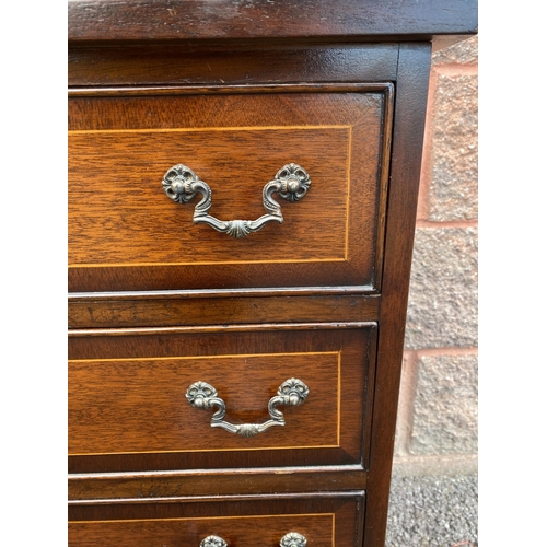 147 - A PAIR OF MAHOGANY INLAID BEDSIDE CHESTS, four drawers with brass handles, inlay detail to drawers a... 