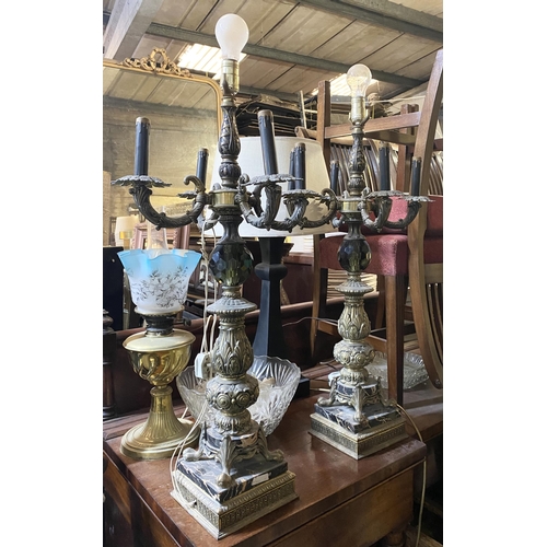 151 - A PAIR OF DEOCRATIVE BRASS FIVE BRANCH TABLE LAMPS, with four arms surrounding central branch with c... 