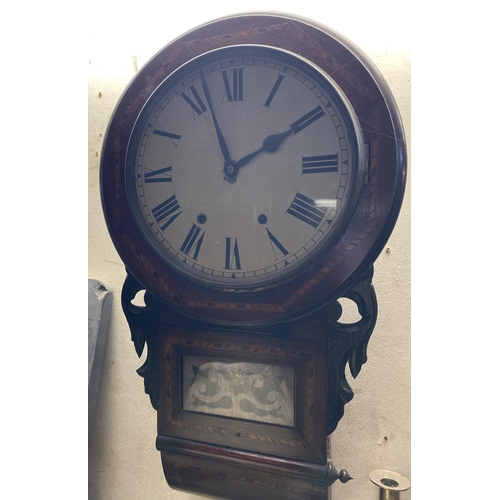 154 - A FINE MAHOGANY INLAID ANSONIA STYLE WALL CLOCK, with white dial, roman numerals to clock face, in f... 