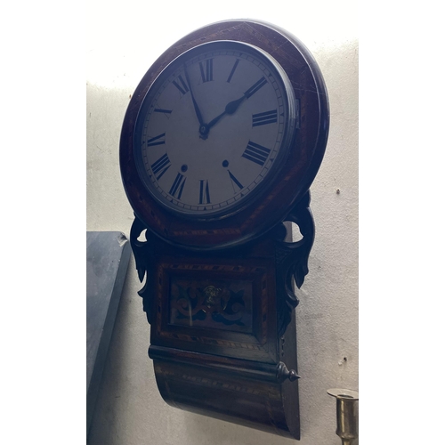 154 - A FINE MAHOGANY INLAID ANSONIA STYLE WALL CLOCK, with white dial, roman numerals to clock face, in f... 