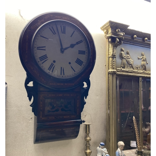 154 - A FINE MAHOGANY INLAID ANSONIA STYLE WALL CLOCK, with white dial, roman numerals to clock face, in f... 