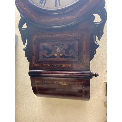 154 - A FINE MAHOGANY INLAID ANSONIA STYLE WALL CLOCK, with white dial, roman numerals to clock face, in f... 