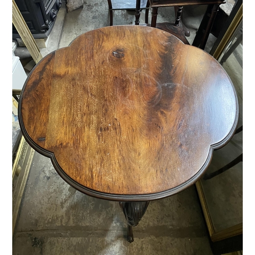 155 - A MAHOGANY OCCASSIONAL TABLE, with clover shaped top, panels of crosshatched carving to frieze and f... 