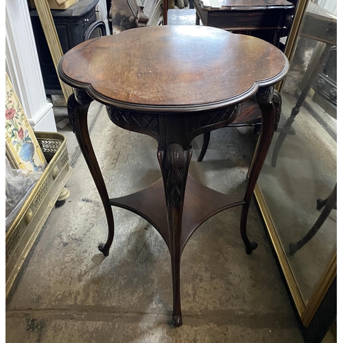 155 - A MAHOGANY OCCASSIONAL TABLE, with clover shaped top, panels of crosshatched carving to frieze and f... 